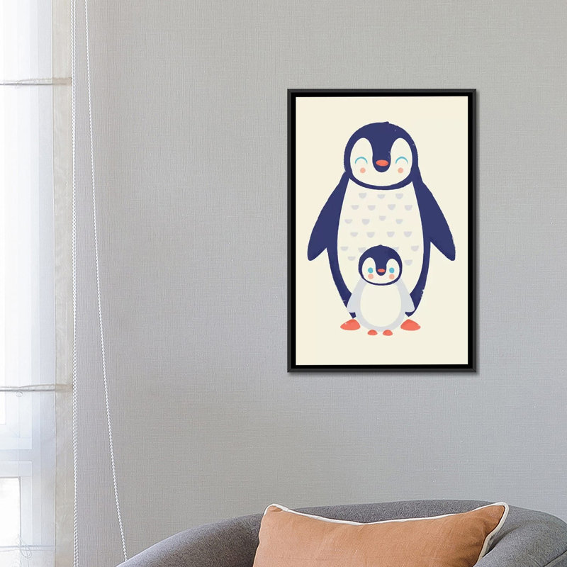« maman penguin' », impression sur toile tendue, H 26 po x l 18 po x P 1,5 po, Toile avec cadre noir