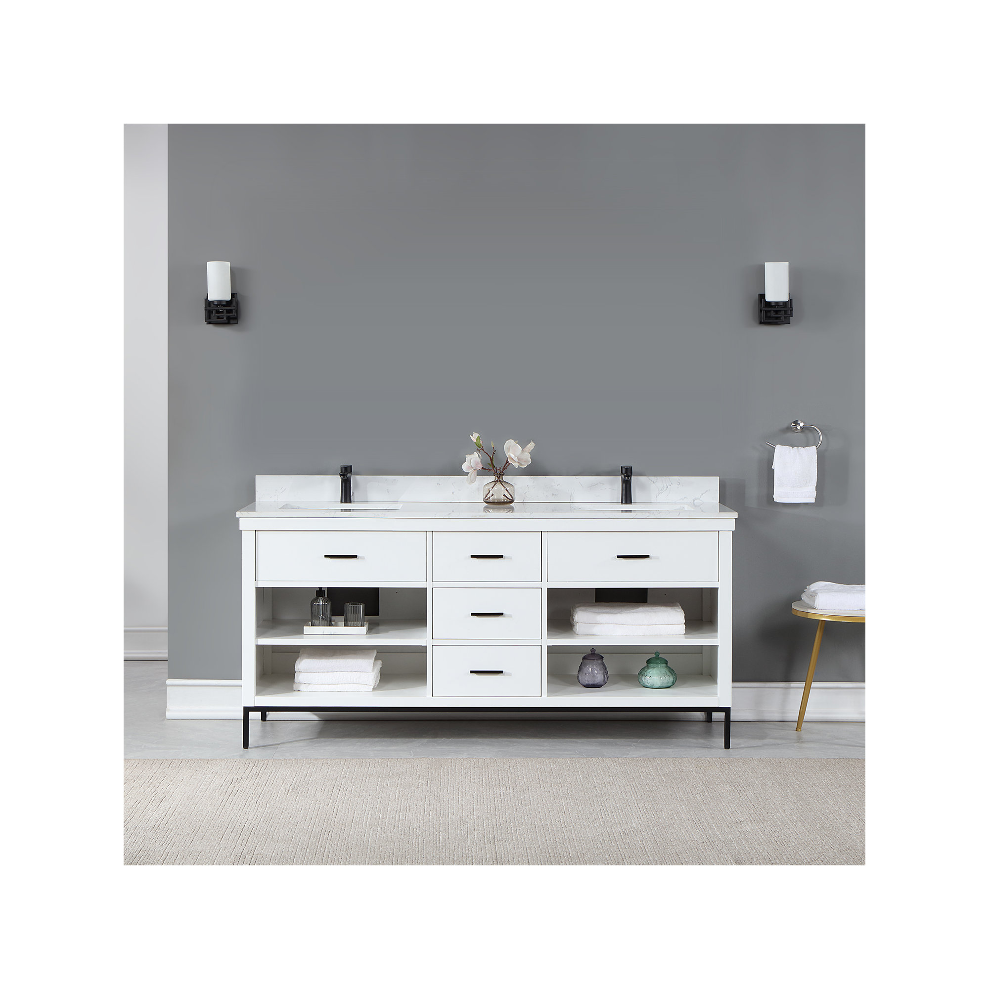 Adaire 72'' Double Bathroom Vanity, Matte Black, White