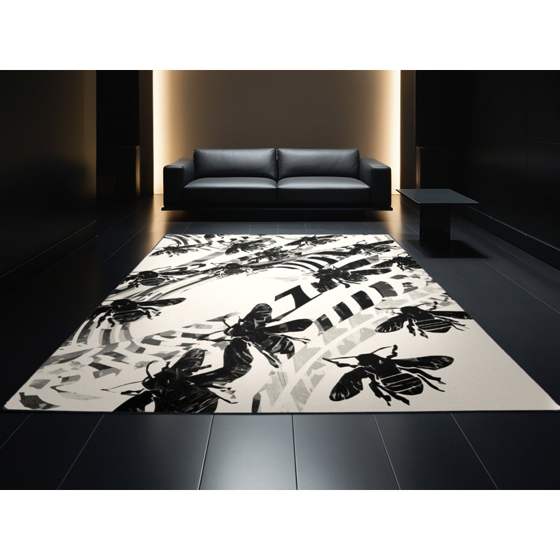 Tapis beige moelleux moelleux moelleux moderne à motif abeille - noir, 6 X 9