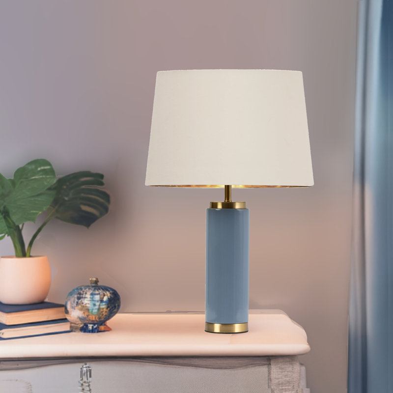 Cylinder 55cm Metal Ceramic look Table Lamp, Ivory, Blue