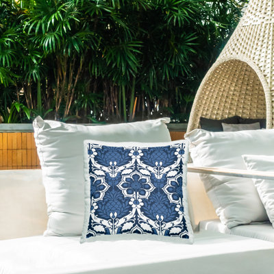 Blue White Damask Pattern Outdoor Printed Pillow by Geoff Tygert