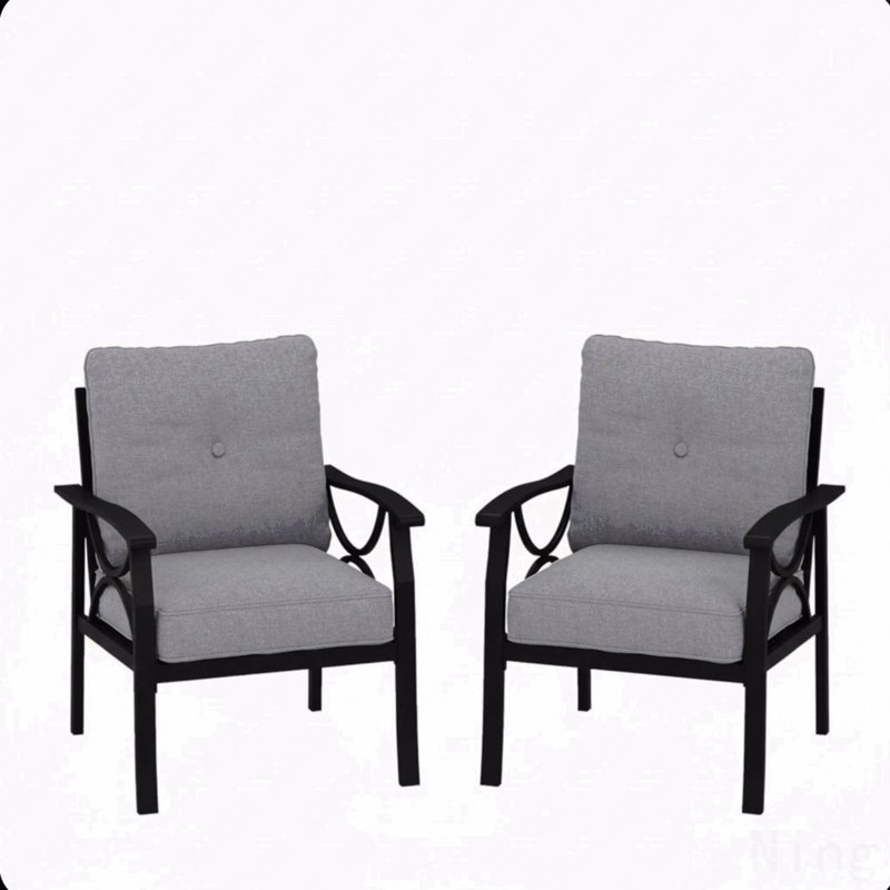 Set of 2 All-Weather Metal Armchairs with Khaki Frame and Plush Gray Cushions for Modern Outdoor Comfort, Gray, Khaki