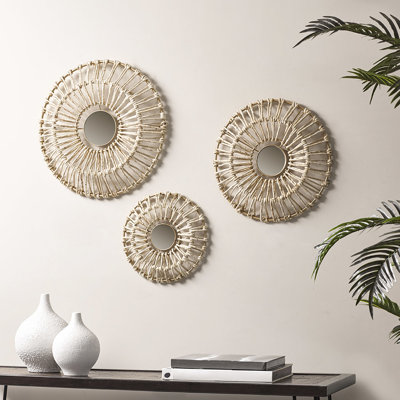 Round Natural Fiber And Mirror 3-Piece Wall Decor Set