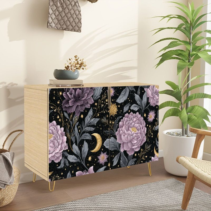 Buffet Buffet avec rangement Textile aquarelle encre à motif floral avec 2 portes pour le salon et la cuisine