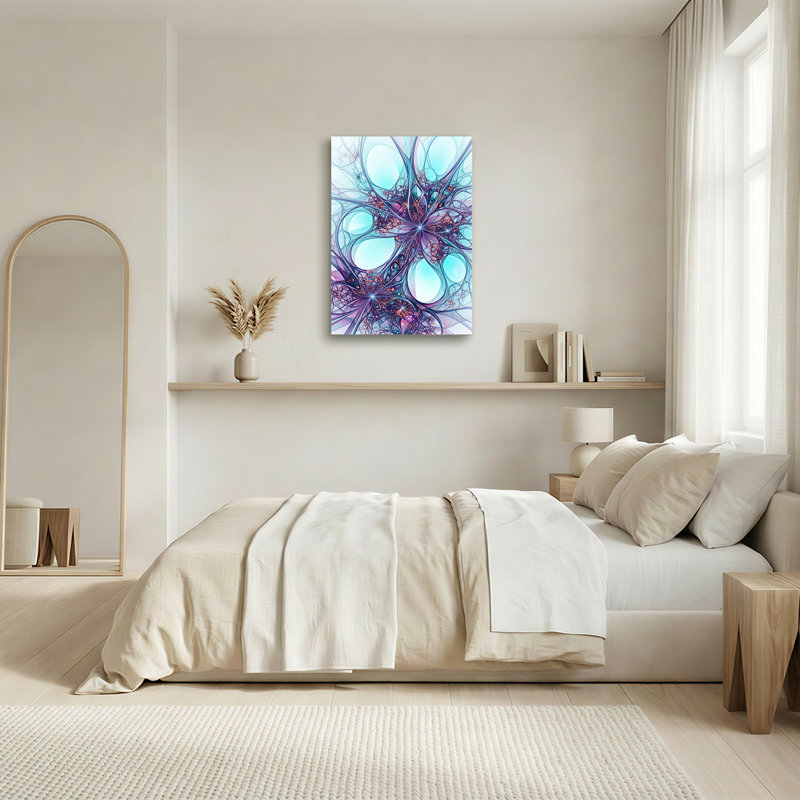 Impression sur toile cyan et mauve à motif de fractales tourbillonnantes, 24"H x 16"W
