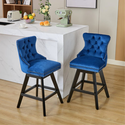 360 Swivel Button Velvet Bar Chairs, Foam Inner, Solid Wood Legs, Accents, Of 2  Blue  For Dining Room 360-Degree Rotating With Upholstery And Tufting, Filler, Wooden Trim,
