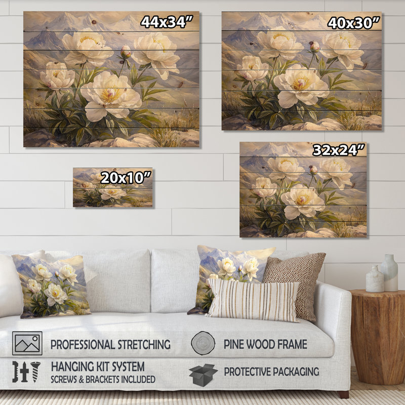 Pivoines près de la crête de montagne II - Art mural en bois pivoines - sur bois de pin naturel