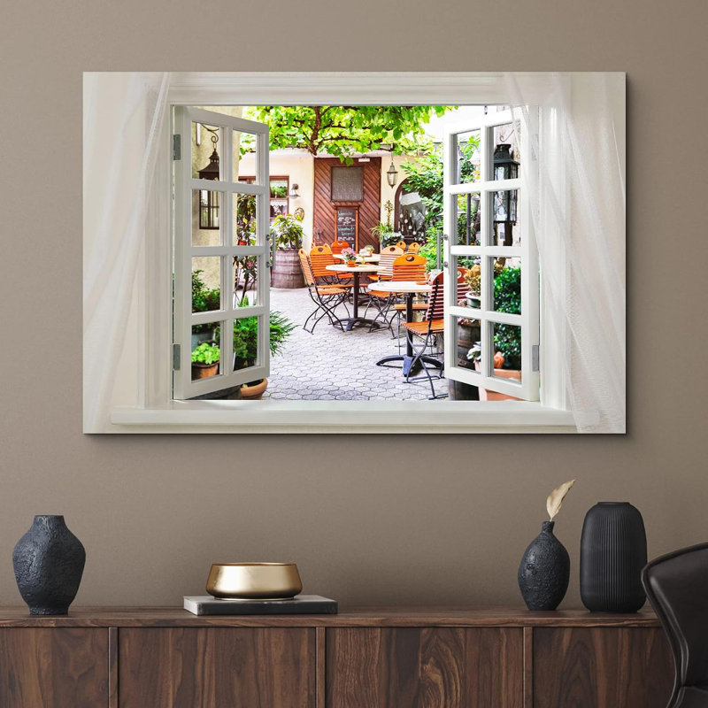 Wi Nature Scene " Glimpse Into Coffee Shop With Wood Tables And Chairs Open Window ", 16" H x 24" W