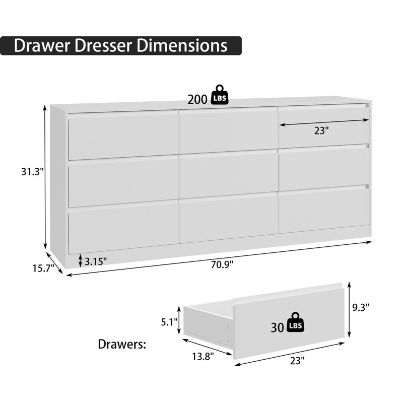 Extra Large Wooden 9 Drawer Dresser, 70.9" W Long Bedroom Dresser With 9 Drawers, White