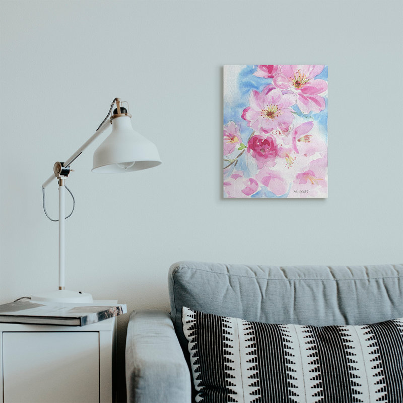 Fleurs de cerisier en fleurs roses sur fond bleu, Toile tendue, H 20 po x l 16 po