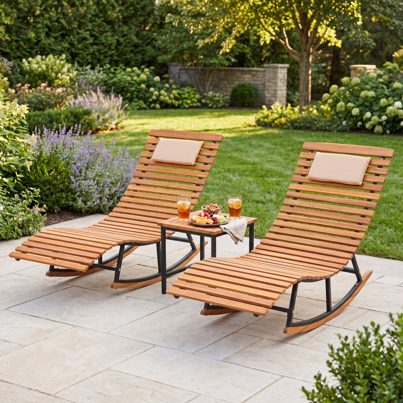 Chaise berçante 2 pièces pour patio en bois d'acacia, avec siège ergonomique et appui-tête amovible