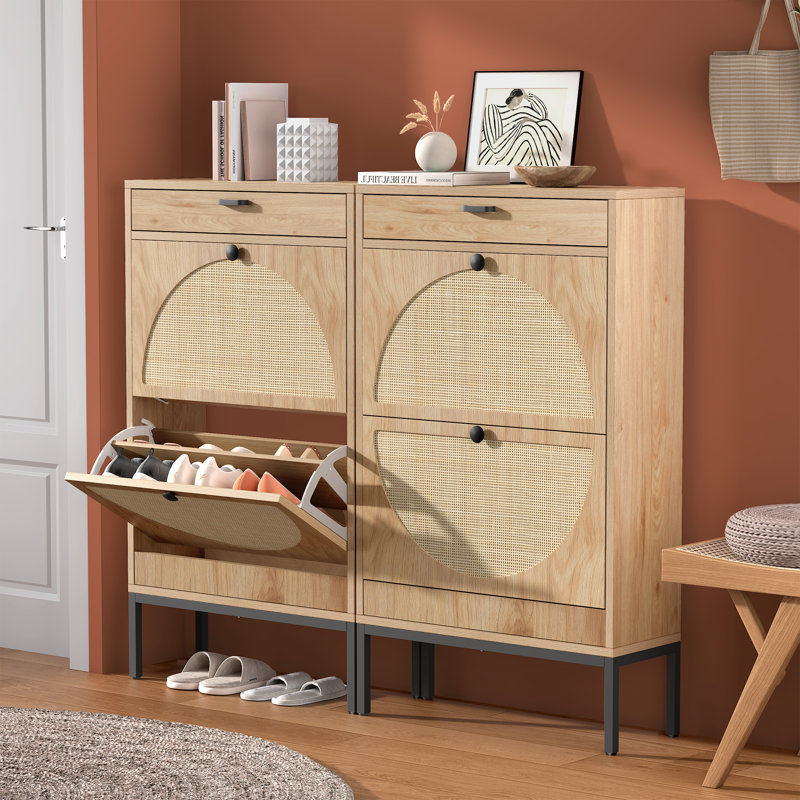 Cerina Boho Natural Rattan Shoe Storage Cabinet, Brown