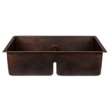 33" Hammered Copper 50/50 Double Basin Kitchen Sink with Short 5" Divider