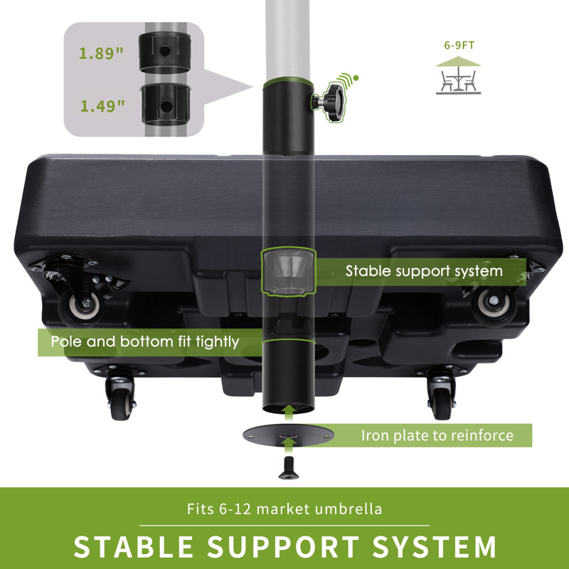 Base de parasol mobile à capacité de 105 lb avec 4 roulettes, 2 verrous, 2 boutons de réglage, matériau durable et de haute qualité