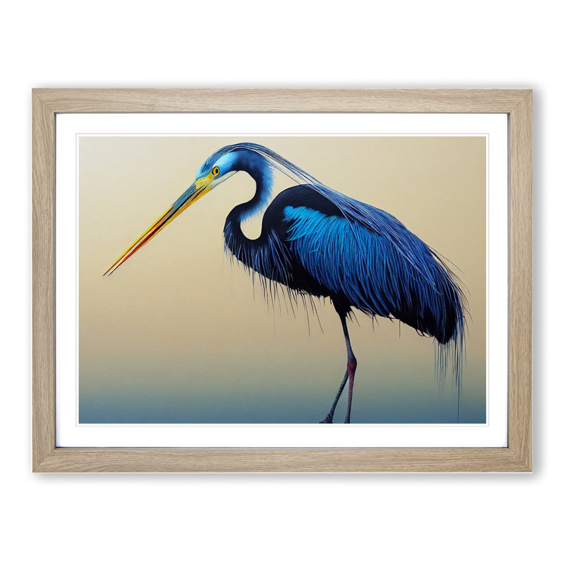 Magnetic Heron Bird - Framed Print, 46cm H x 64cm W x 2cm D, Oak