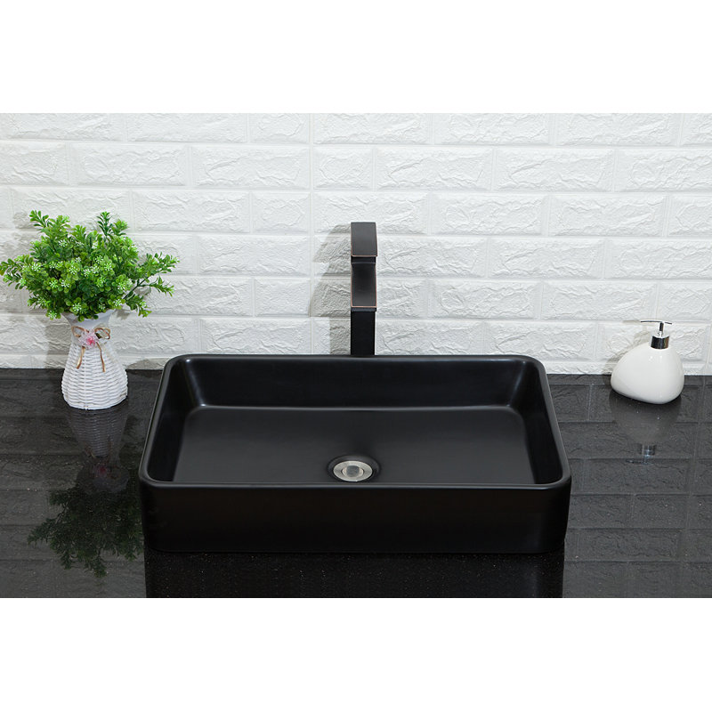 24" L x 16" W Black Vessel Sink Rectangular Black Ceramic Bathroom Sink Above Counter Vessel Sink