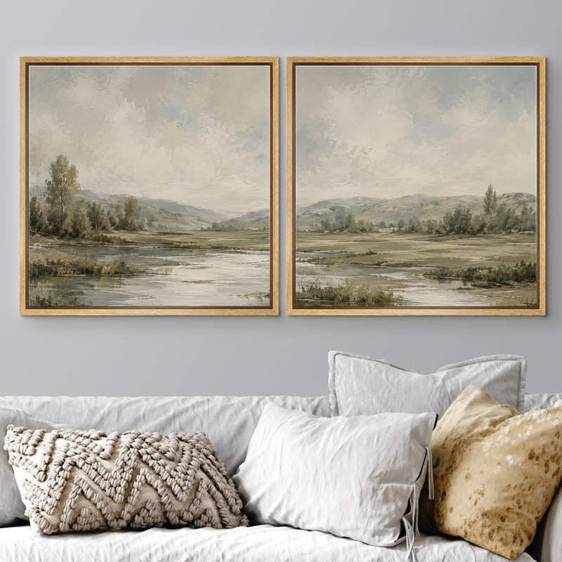 Serene Countryside Marsh Landscape with Soft Hills And Gentle Water, 24" H x 24" W x 1.5" D, Encadré naturel