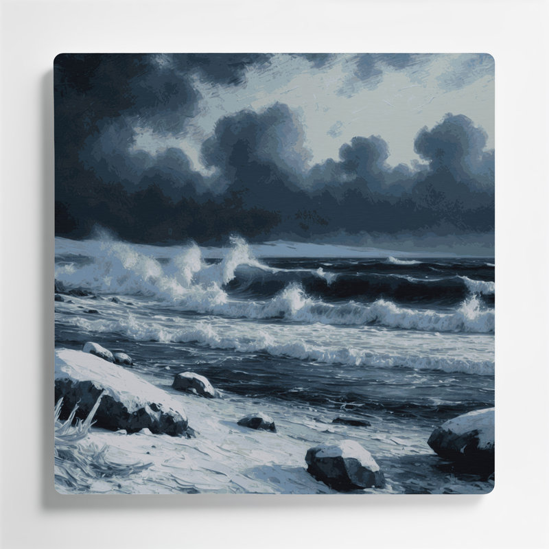 Coastal Winter Shore, art mural gris en métal, H 16 po x l 16 po