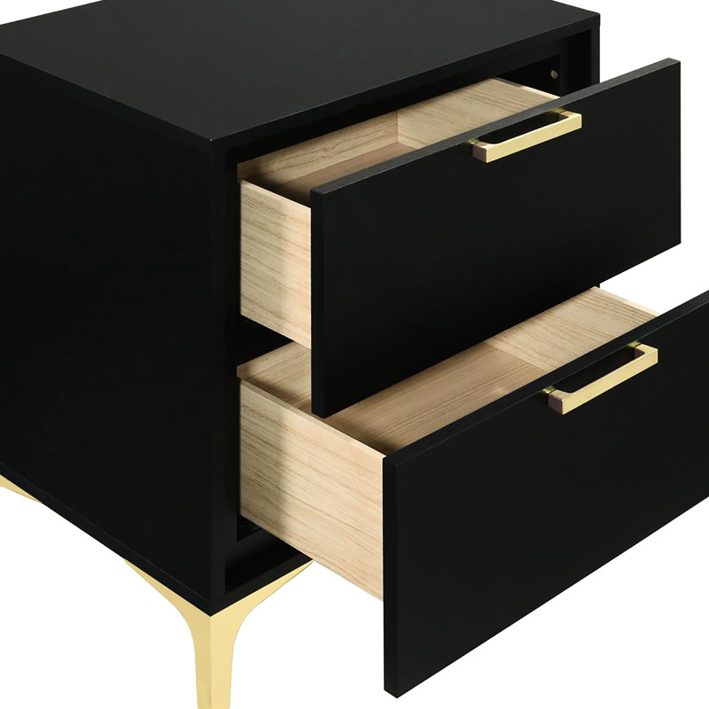 Black And Gold Nightstand With Two Spacious Elegant Drawers - Bedroom Modern 2 Storage Elegance, Noir