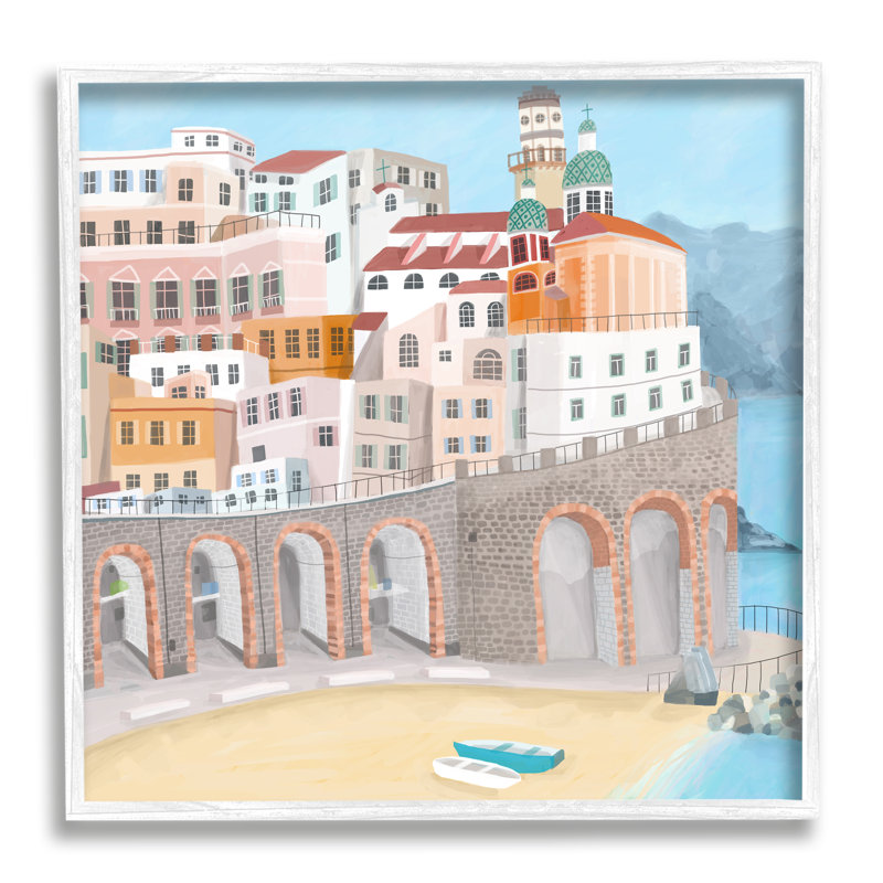Architecture d'Atrani : bâtiments d'une ville balnéaire italienne, Giclée encadrée blanc bord de mer