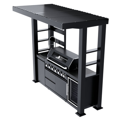 85000 94 - Îlot de barbecue extérieur à 6 brûleurs avec refroidisseur à vin et armoires de rangement. Comprend une hotte à double paroi, une jauge de température et des lumières halogènes. Acier inoxydable 304 de qualité marine