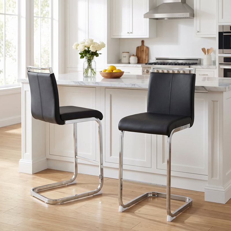 Chatrice 25'' Upholstered Counter Stool (Set of 2), Silver, Black