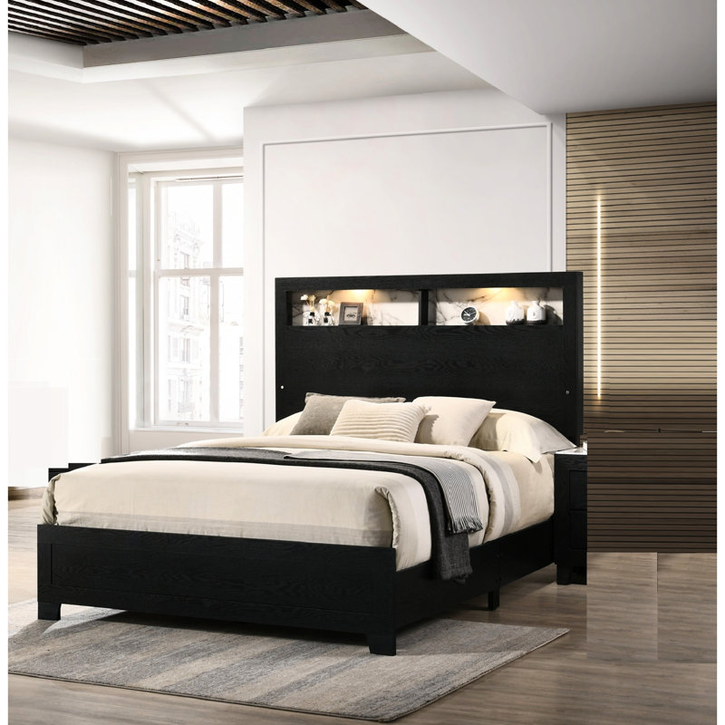 Queen Panel Bed, Led In Headboard, High Decorative Back, Contemporary Style, Black Finish Size Built - Shelving, Faux Marble, Modern Bedroom Bed