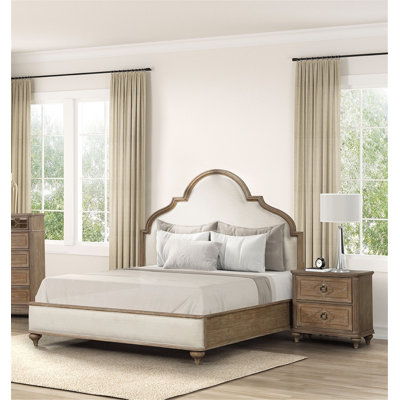 Rustic Oak Eastern King Size Bed with 2 Nightstands, Solid Wood, Unique Legs, and Upholstered Headboard for Traditional Elegance