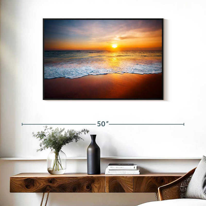 Coucher de soleil sur les vagues mousseuses, Cadre flottant noir, 37 po x 25 po
