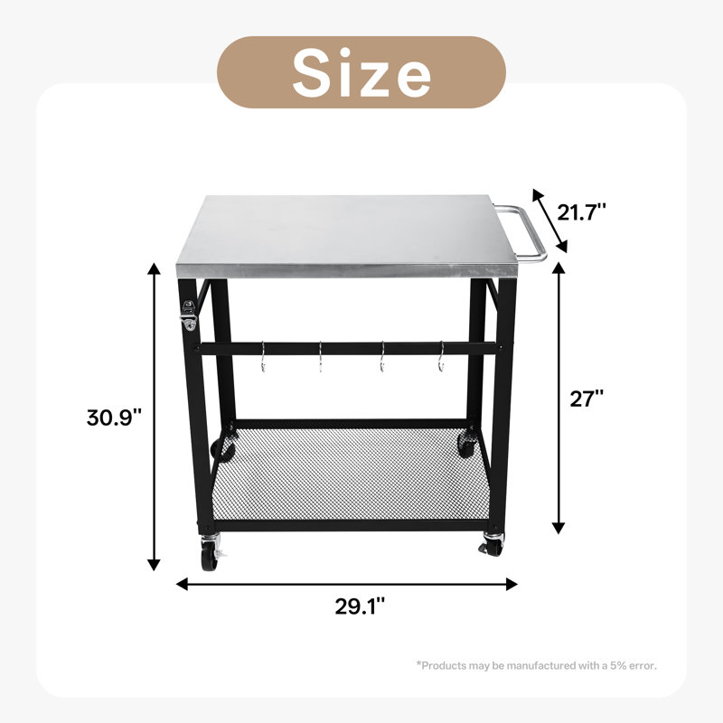 Outdoor Grill Cart, 2 - Tier, Stainless Steel Top, Locking Wheels, Tool Hooks, Mesh Shelf, Movable Bbq Prep Table For Patio, Backyard, Pizza Oven Stand, Black Rust , Easy Maintenance Black, Stand To