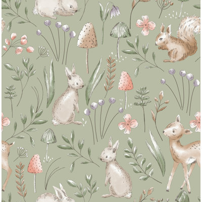 Forest Animals Sage Whimsical Wallpaper