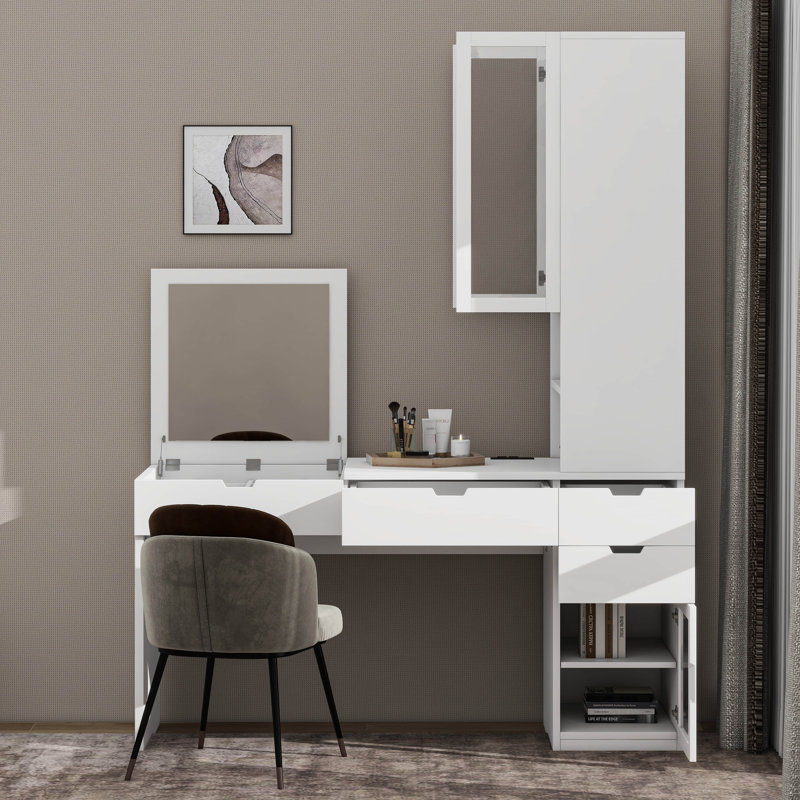 Table de coiffeuse avec miroir et plateau de maquillage avec bibliothèque et station de charge