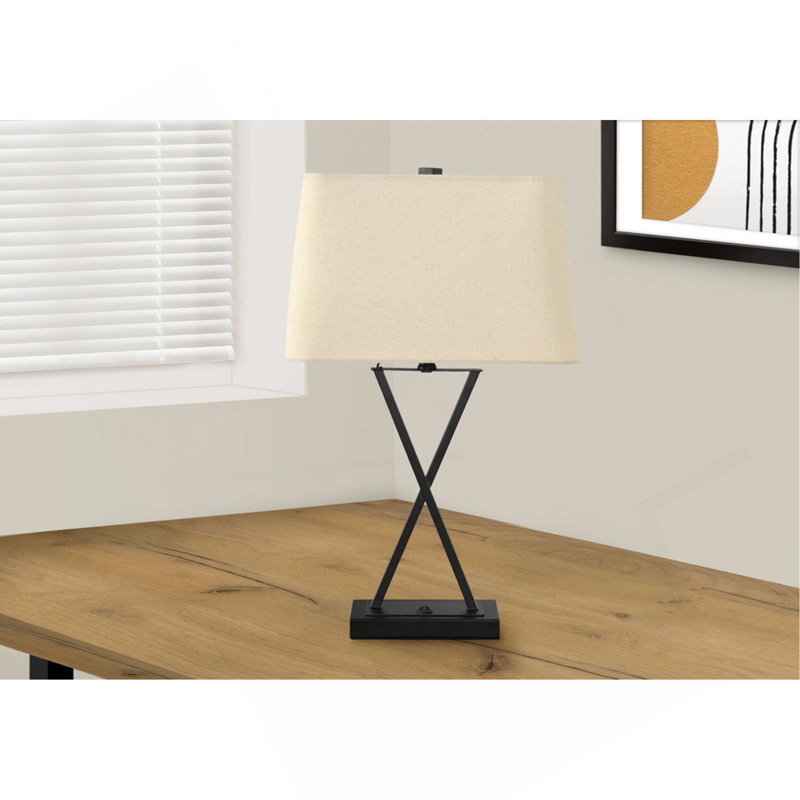 Lighting, H 25 po, lampe de table, port USB inclus, métal noir, abat-jour beige, transitionnel