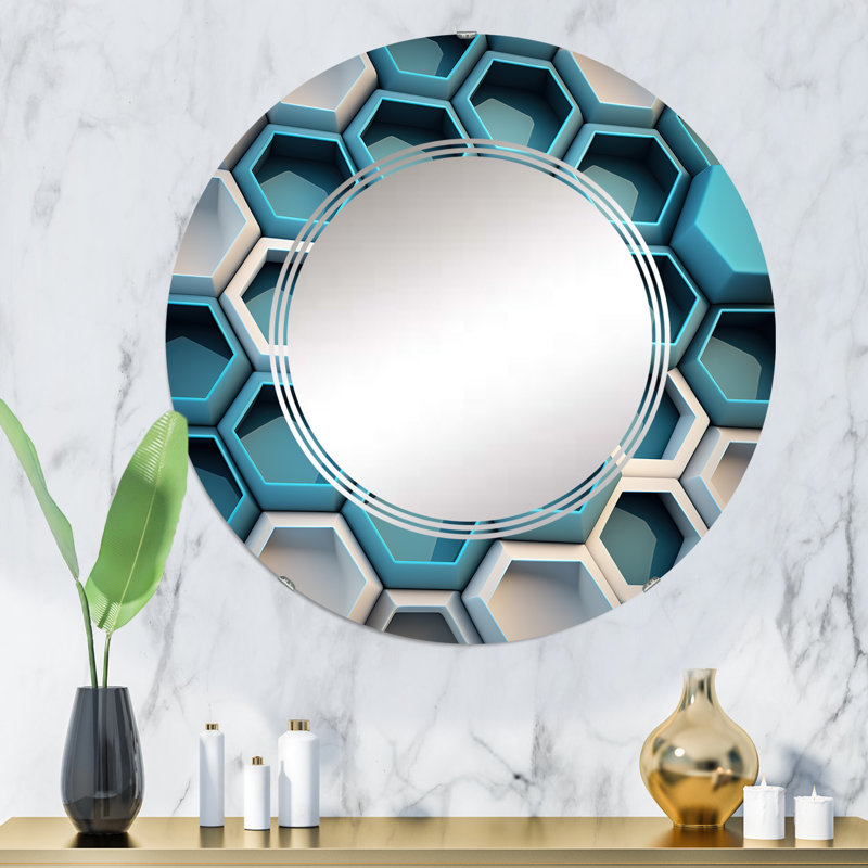 Phelicia - Abstrait géométrique blanc et bleu - Miroir mural géométrique moderne, 32 po x 32 po