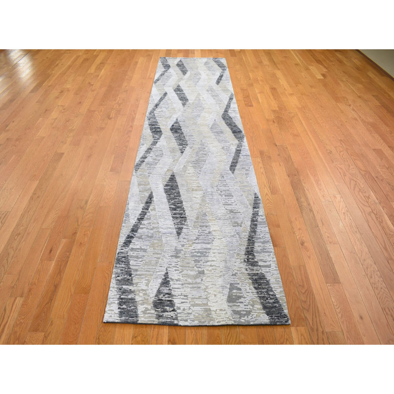 Tapis décoratif de noué à la main gris en laine noué à la main de conception unique 3 pi x 12 pi