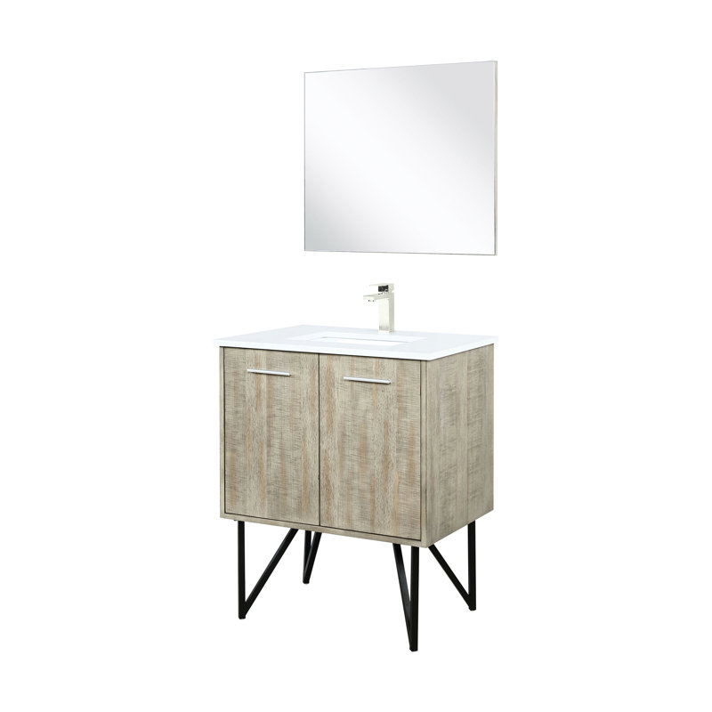 30 po Large meuble-lavabo rustique avec teinture - comptoir en quartz blanc, robinet inclus et salle de bain à miroir mural pleine grandeur 28 avec salle de bain en nickel brossé