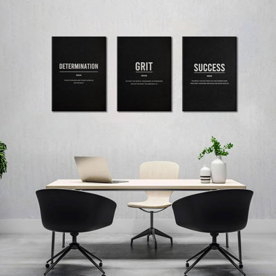 3Pcs Motivational Canvas Wall Art Black White Inspirational Poster Print Entrepreneur Quotes DETERMINATION GRIT SUCCESS Picture Artwork Wall Decor For Modern Office Gym Bedroom 12X16in Framed
