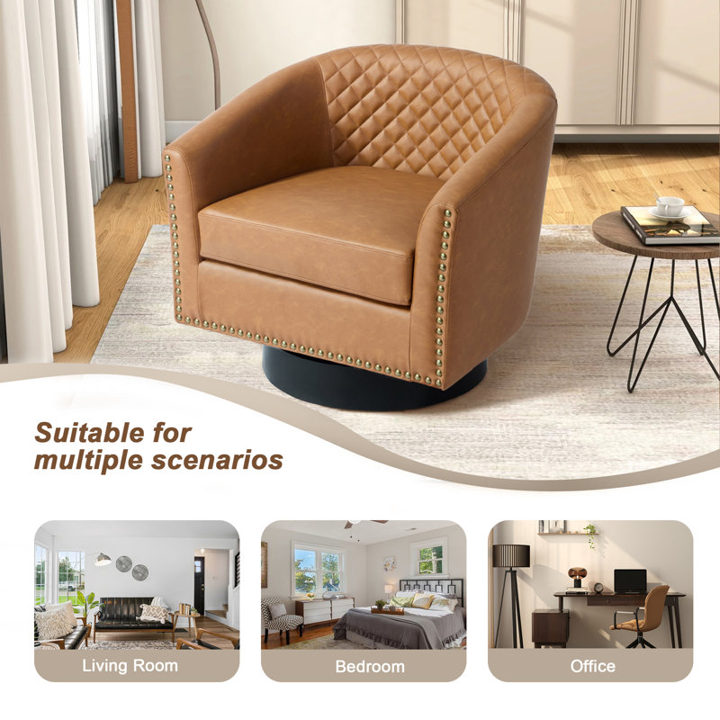 Petit fauteuil pivotant rembourré en similicuir et capitonné avec garniture cloutée, Café