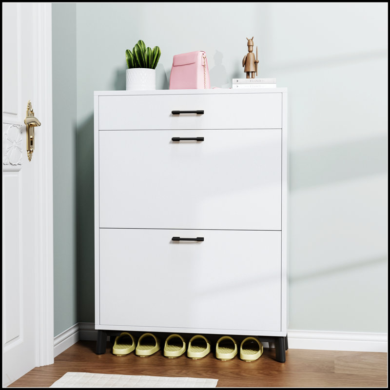 Free Standing Shoe Storage Cabinet With 2 Flip Drawers, Ideal For Entryway And Maximized Space Efficiency, White/Black