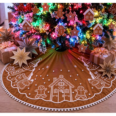 48 Inch Gingerbread Christmas Tree Skirt with White Pom-Pom Border,  Large Holiday Decoration for Indoor Outdoor Holiday Decoration