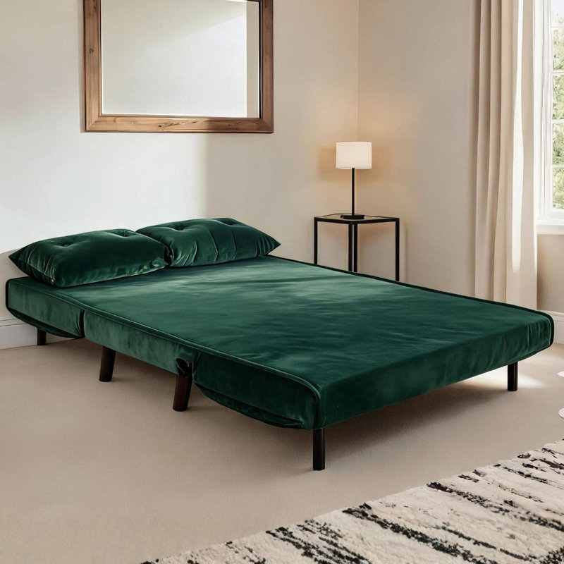 Lonara Two Seater Upholstered Double Sofa Bed, Green Velvet