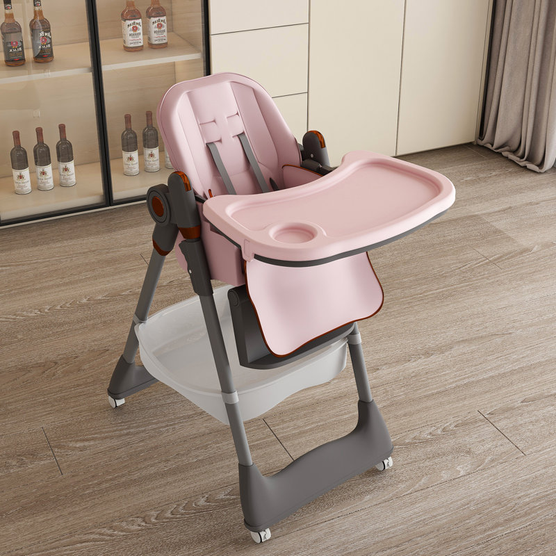 Chaise haute rose réglable de 0 à 6 ans, avec plateau en PP, inclinable à 3 positions, coussin en polyuréthane imperméable et sac de rangement pour repas