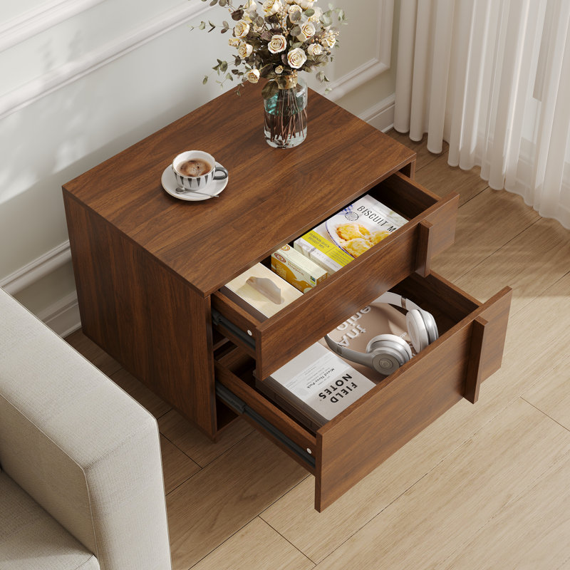 Table de chevet Mid-Century en noyer avec 2 tiroirs à fermeture en douceur et base en bois renforcé avec surface résistante aux taches pour la chambre à coucher