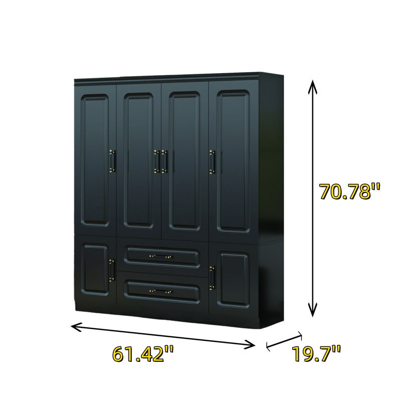 4 portes, 2 tiroirs, garde-robe noire moderne avec poignées dorées