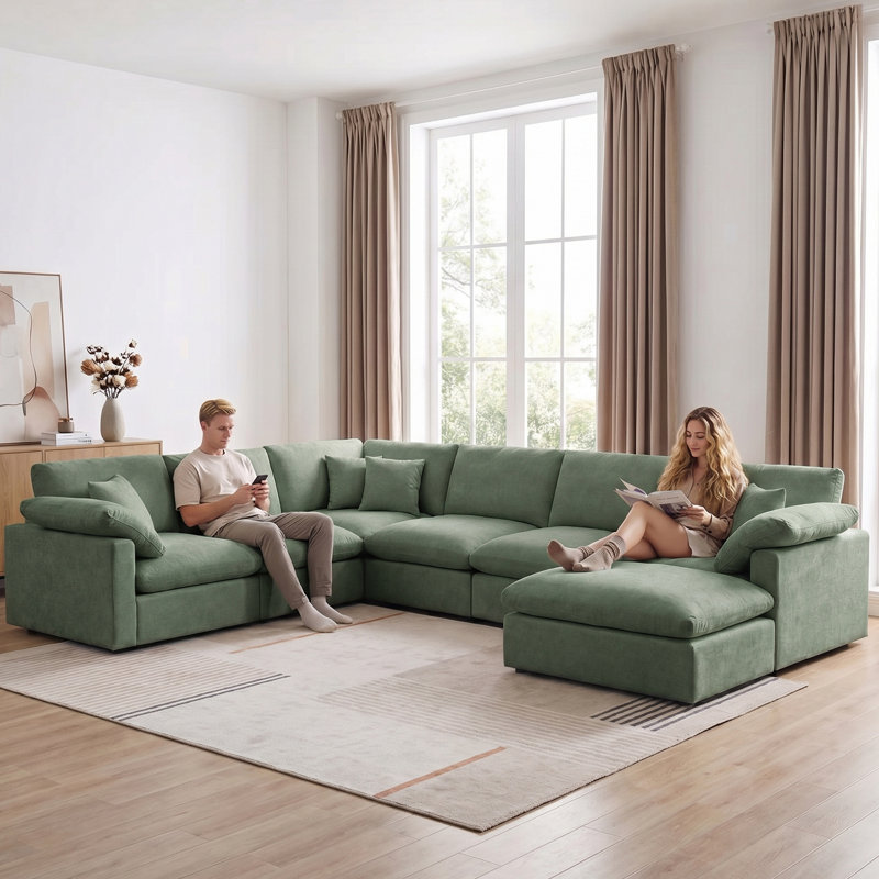 144" Chenille Sectional Corner Sofa 7 Pieces Oversized Comfy Modular Reversible Couch With Upholstered Movable Ottoman