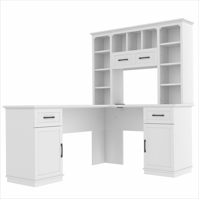 L-Shaped Desk With Drawers, Cabinets & 11 Shelves, Power Outlet For Home Office & Study, White