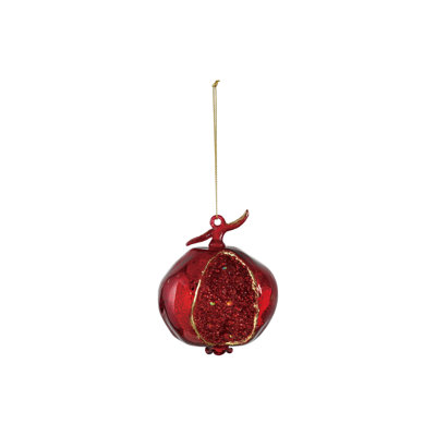 Red Glass Pomegranate Ornament with Beaded Accents