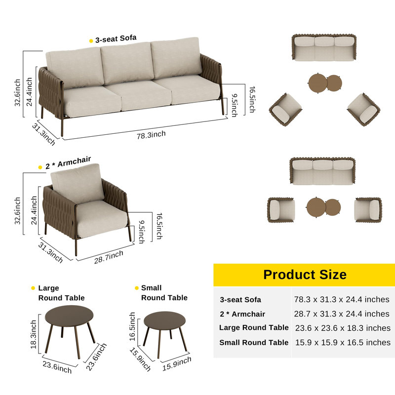 Chestnut Brown and Cream 5-Piece Outdoor Sofa Set with Round Tables