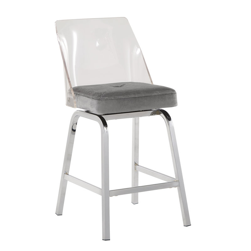 Milica Swivel Upholstered Counter Stool with Metal Frame, Blue Steel , Chrome Metal, Counter Stool (24" Seat Height)