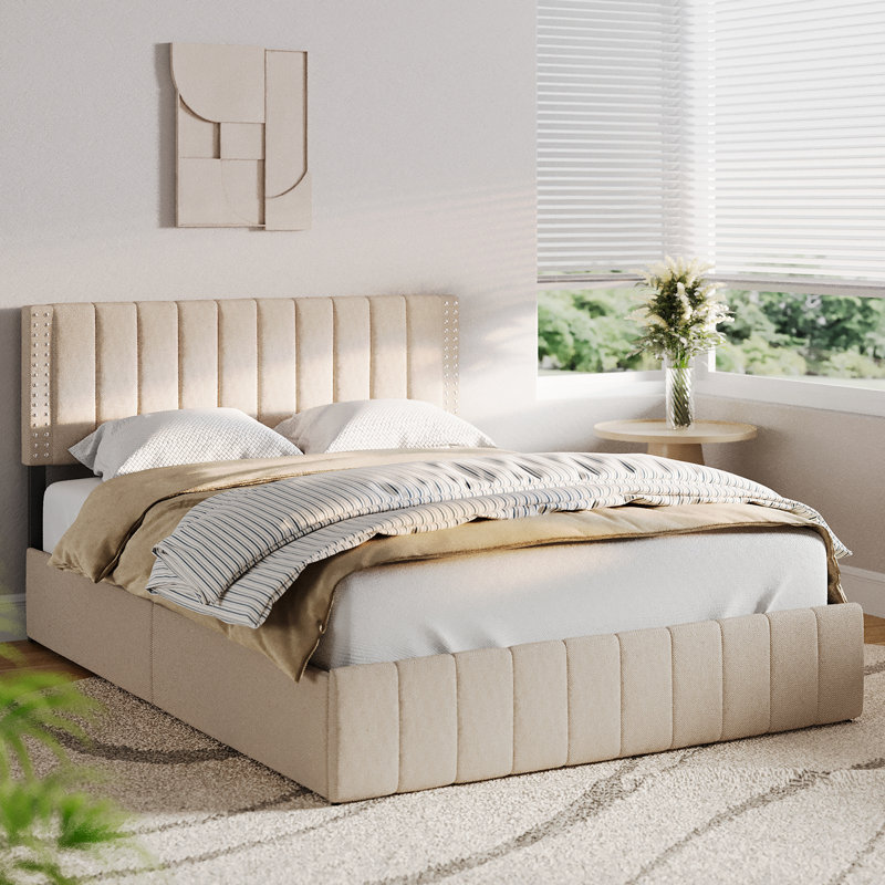 Masad Upholstered Platform Drawer Storage Bed with Adjustable Headboard, Queen, Beige